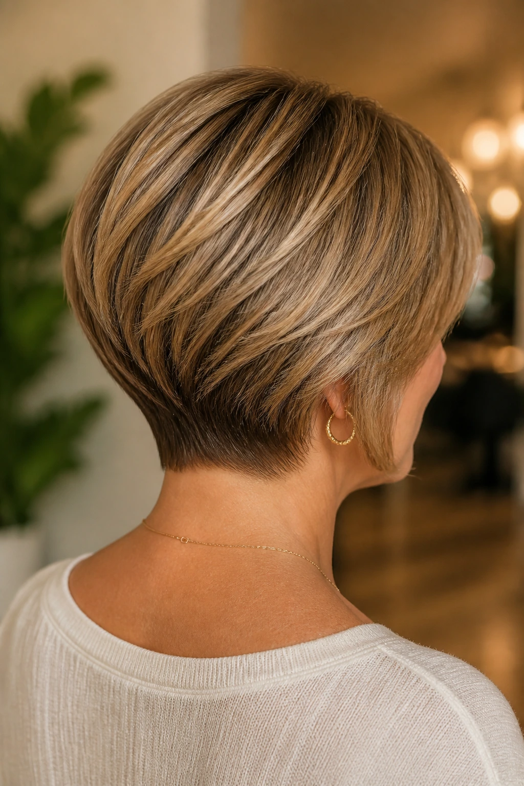 Three-quarter view of a real woman with a stacked bob and tapered nape in a salon setting