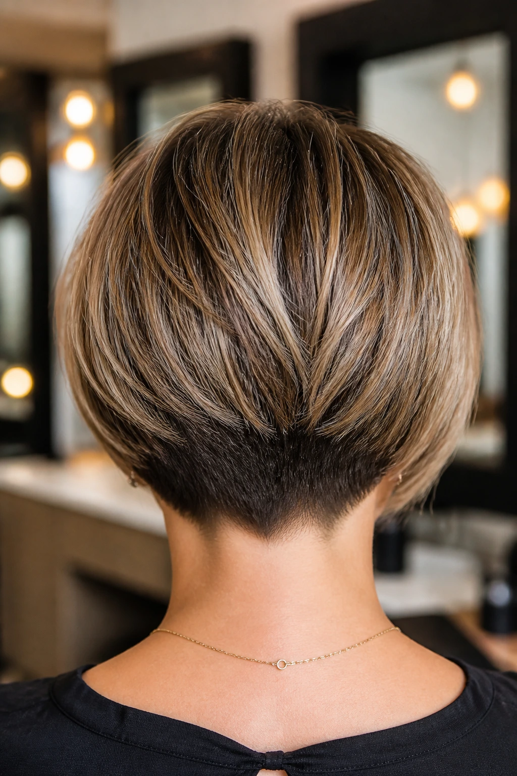 Back view of a real woman with stacked layered bob at the nape