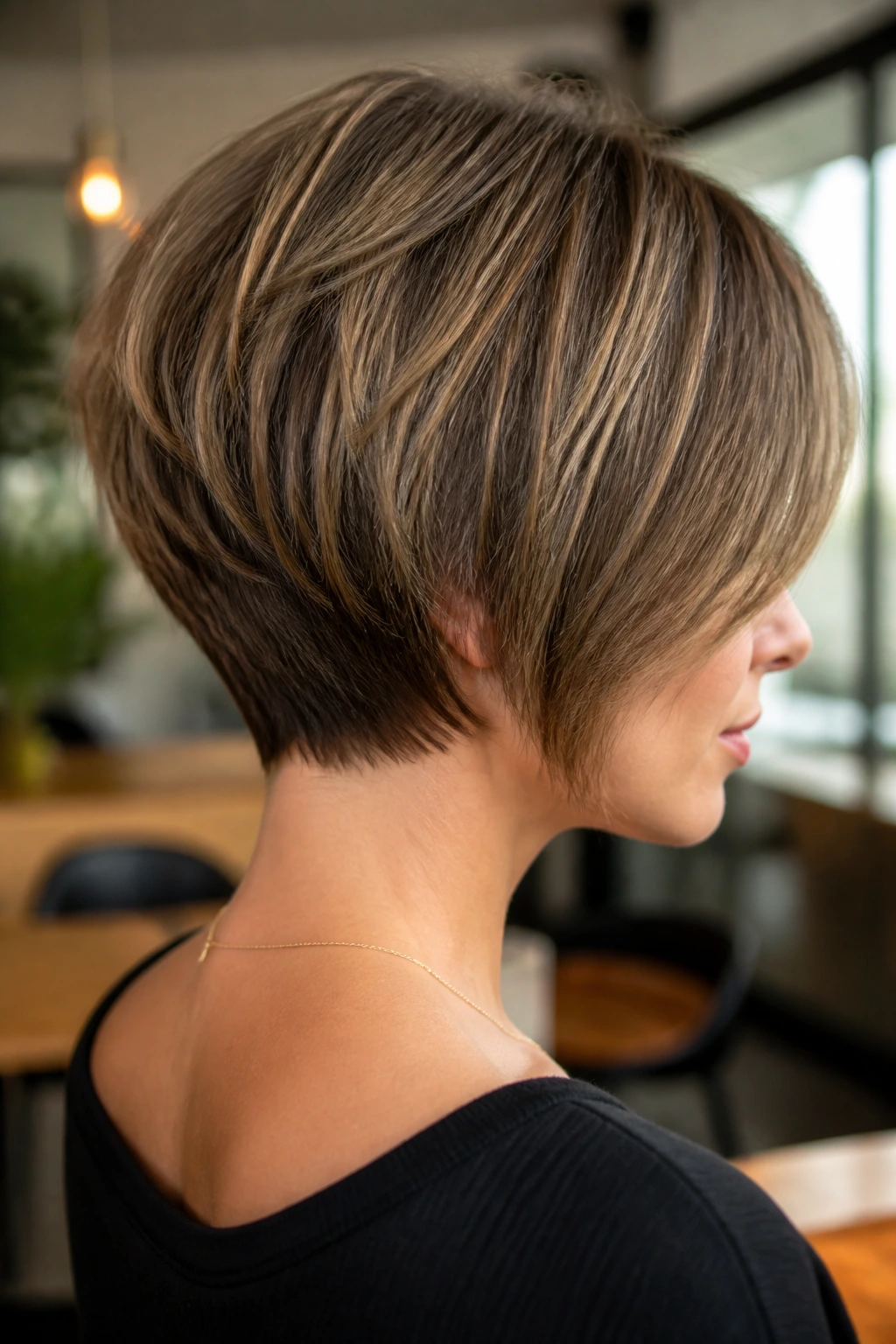 Portrait of a real person with a stacked bob showing lifted nape