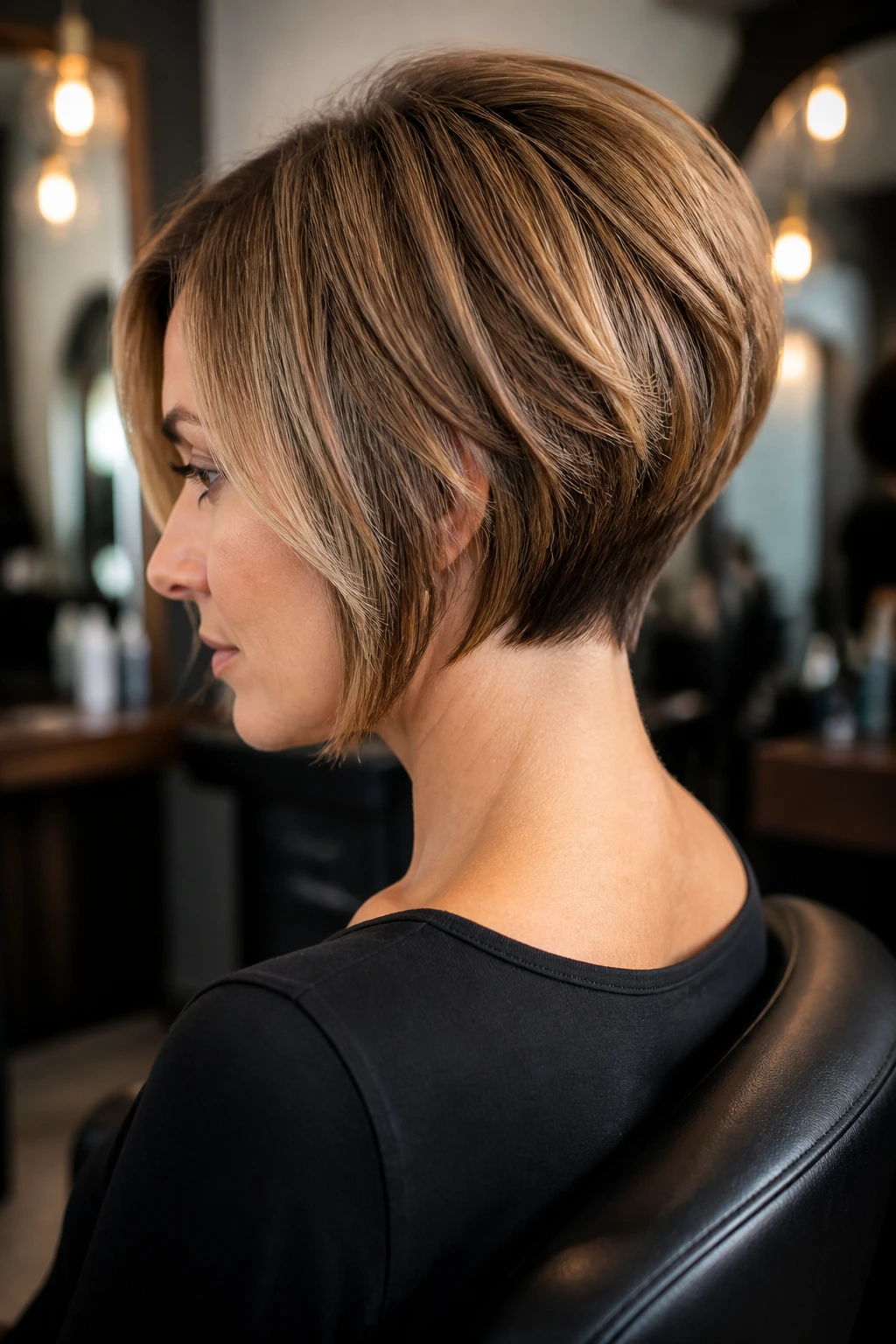 Three-quarter portrait of stacked bob with lifted nape in a salon.