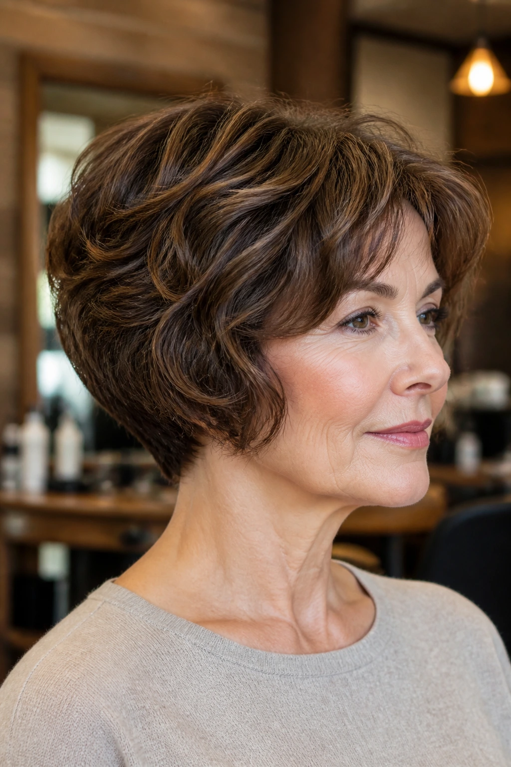 Close-up portrait of a real woman with stacked bob at the nape and lift in warm salon lighting