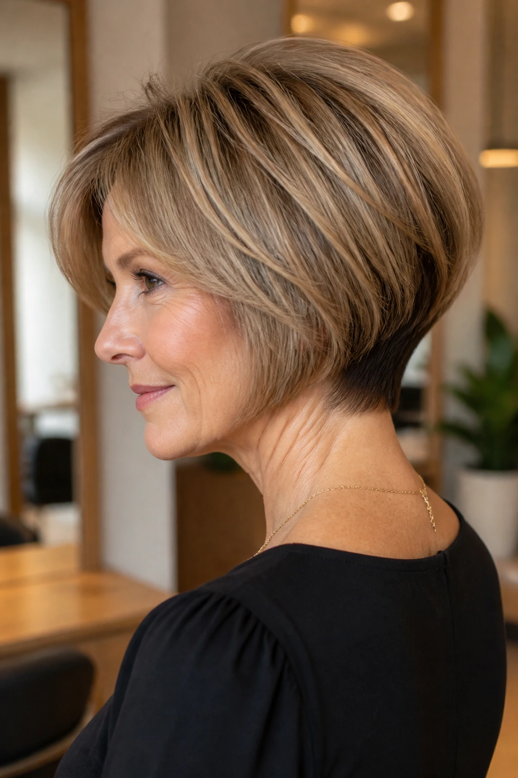 Close-up portrait of a real woman with a stacked bob and tapered nape in a chic salon