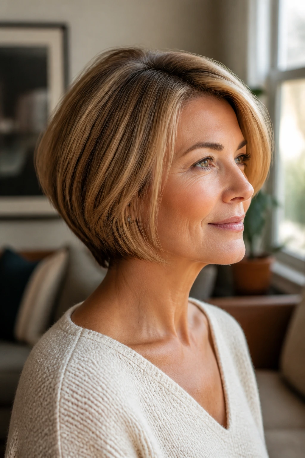 Close-up portrait of a woman over 50 with a stacked bob showing crown lift and clean nape