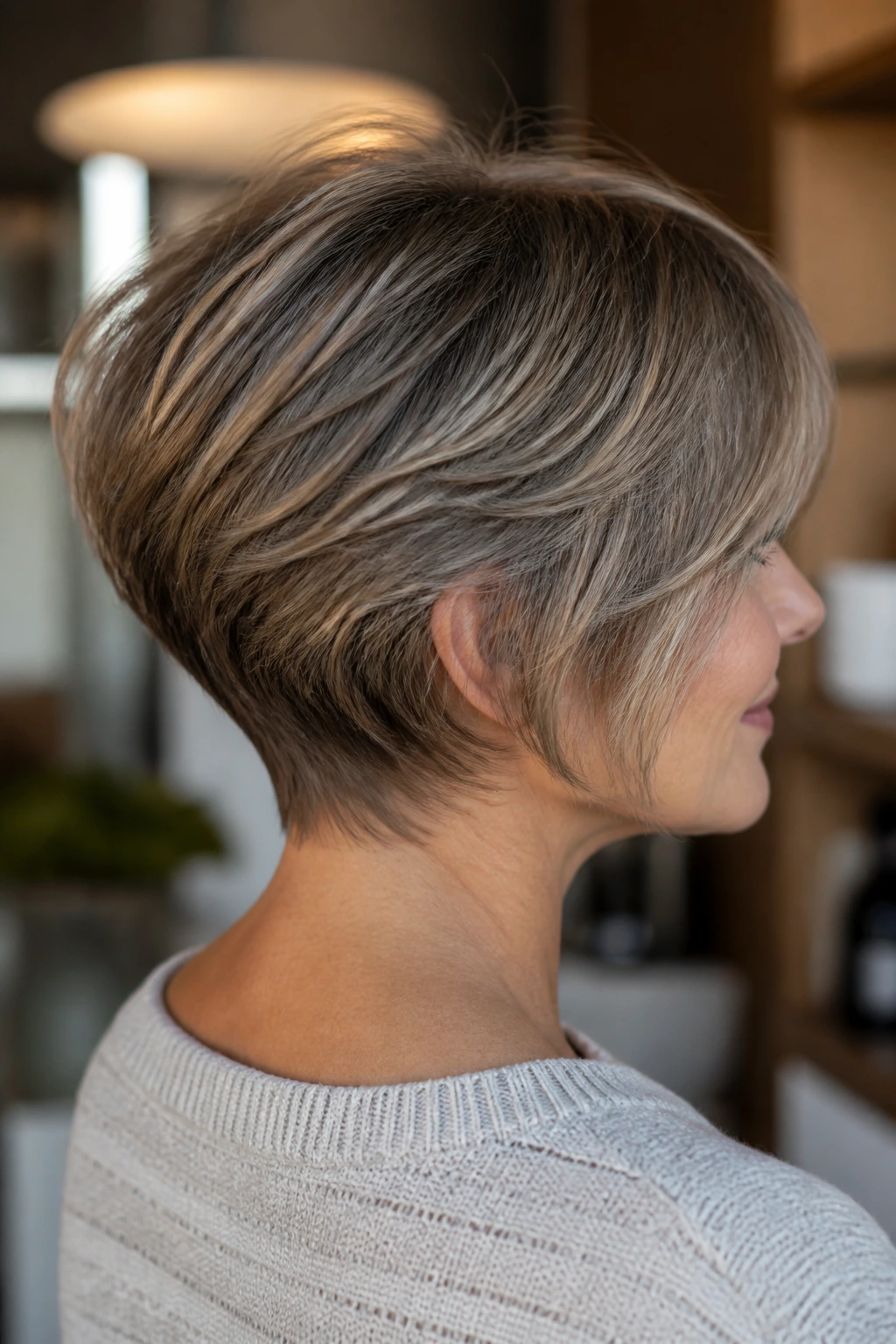 Portrait of woman with stacked bob showing back silhouette and lifted nape