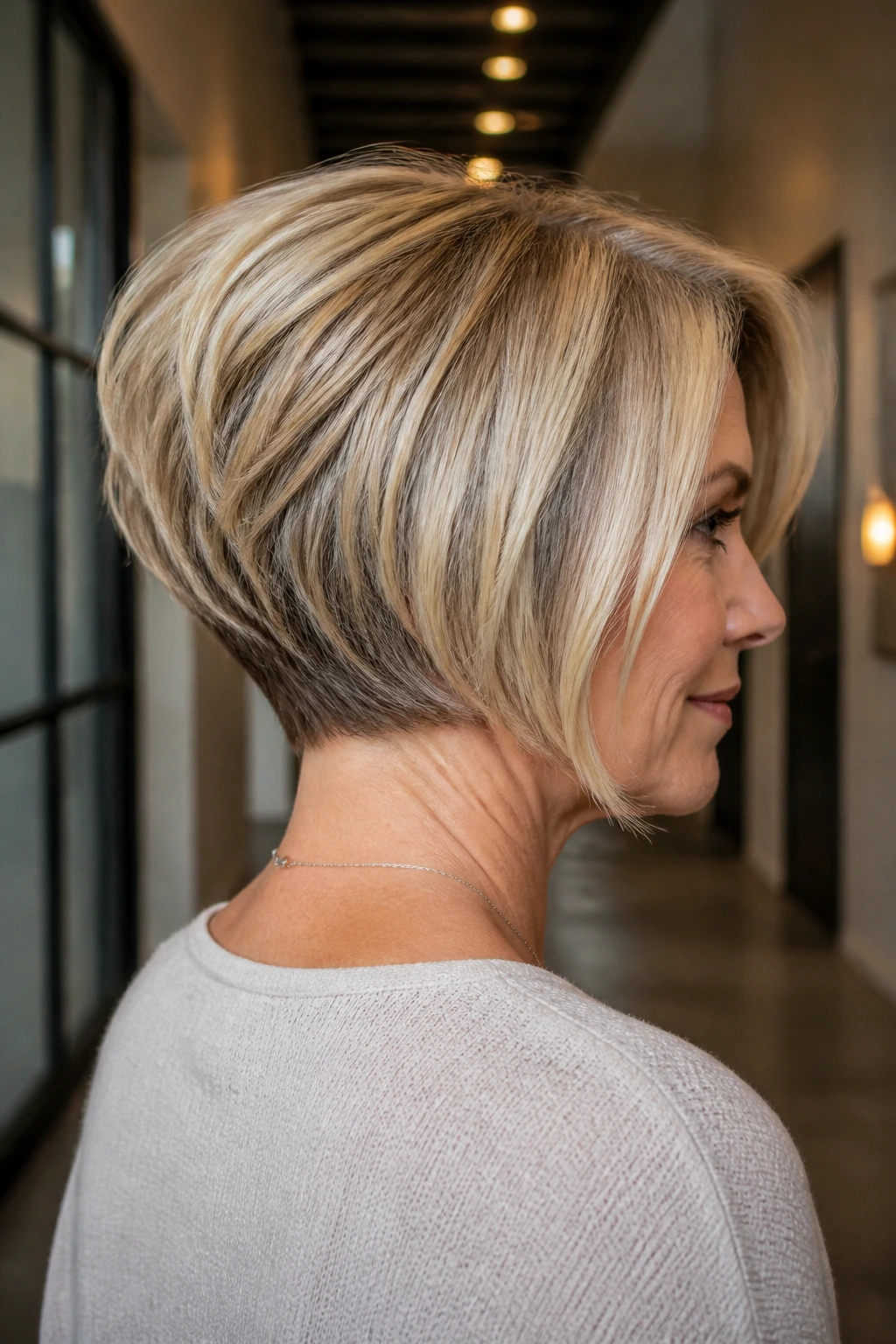 Portrait of a real woman with stacked bob showing crown lift and neat back neckline.