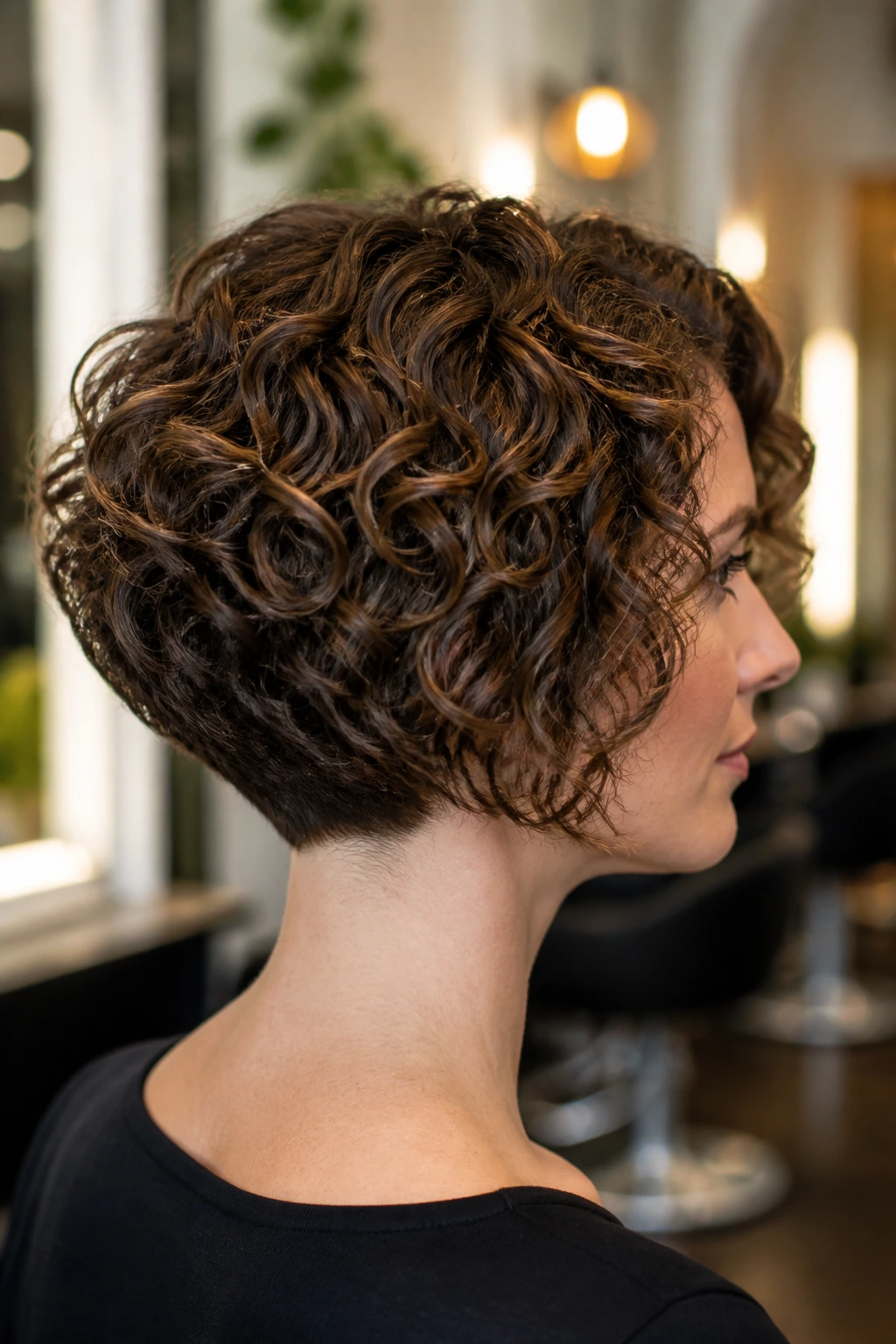 Real woman with stacked curly bob showing volume at crown and stacked back layers.