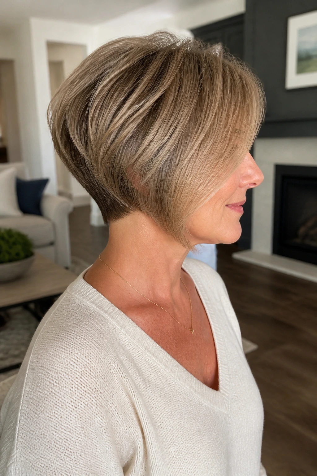 Medium close-up of a woman with a stacked bob showing back height and layered front pieces