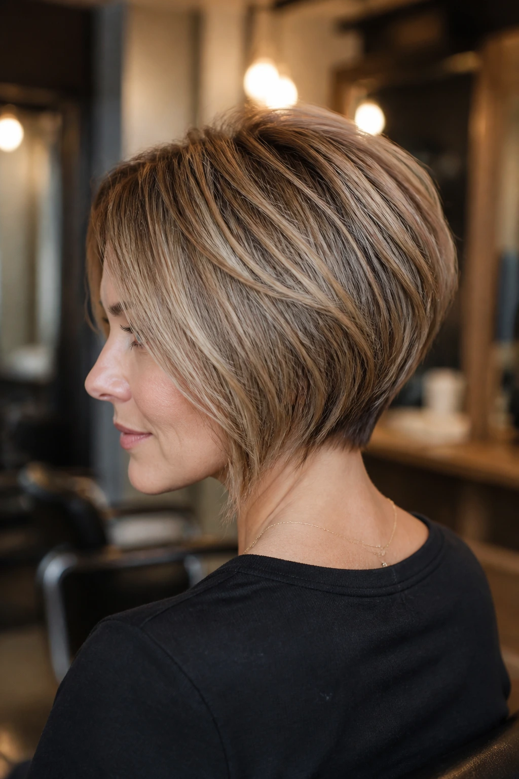 Close-up portrait of a real woman with a stacked back bob showing volume at the crown.