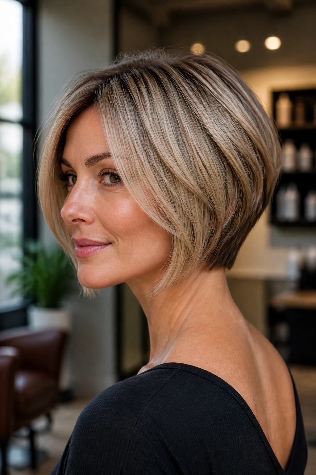Close-up portrait of a real woman with a stacked bob showing back lift and crown height.