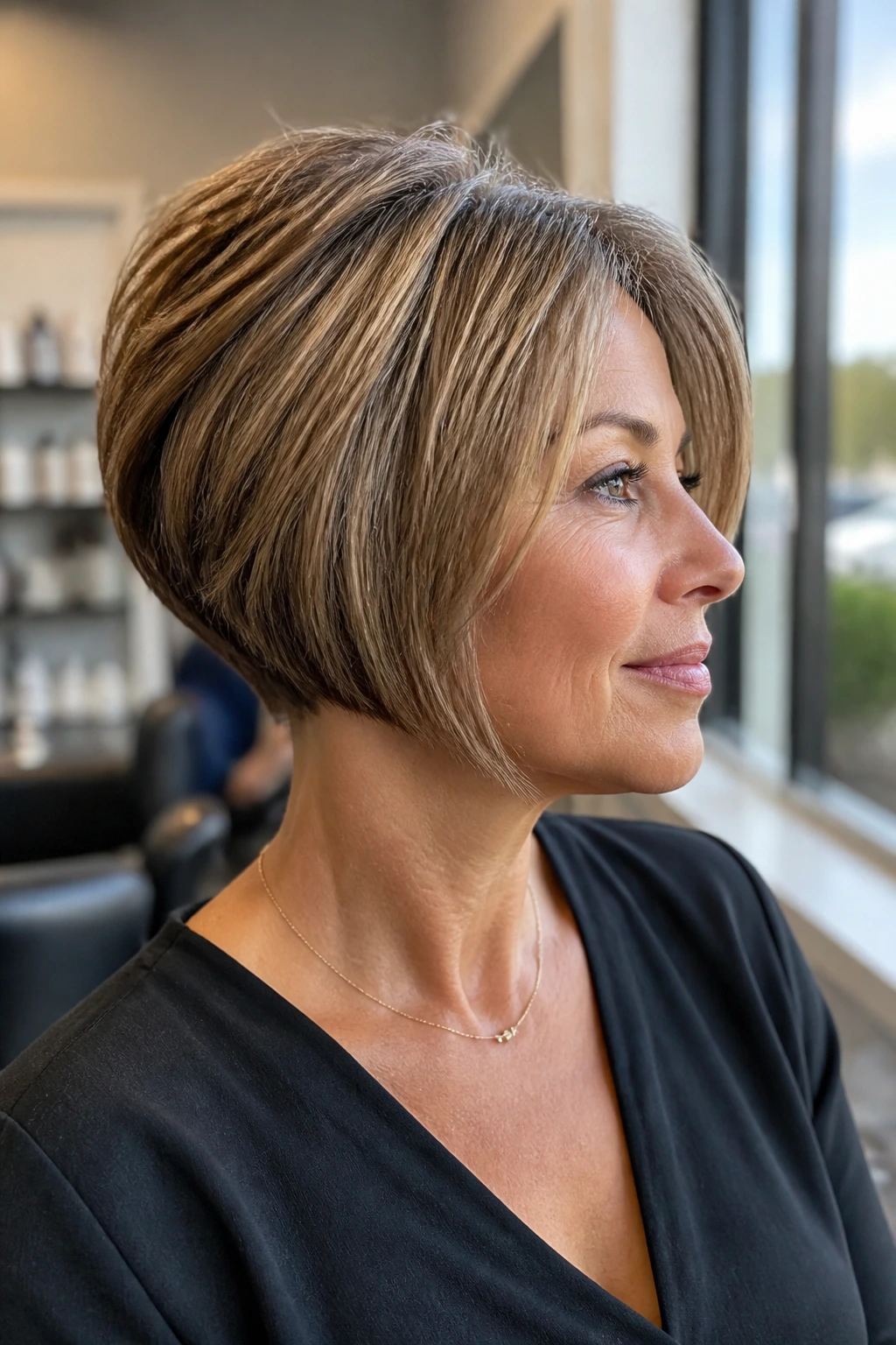 Close-up portrait of a real woman with a stacked bob showing crown lift and neat nape in a salon