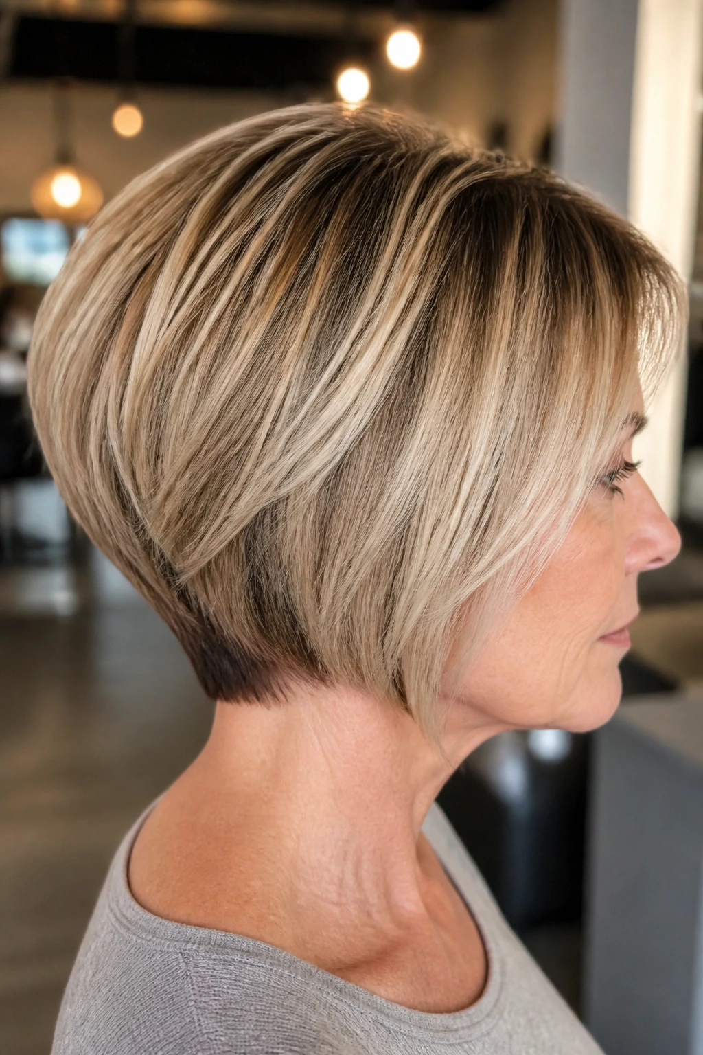 Close-up of a real person with a stacked bob featuring root shadow blonde