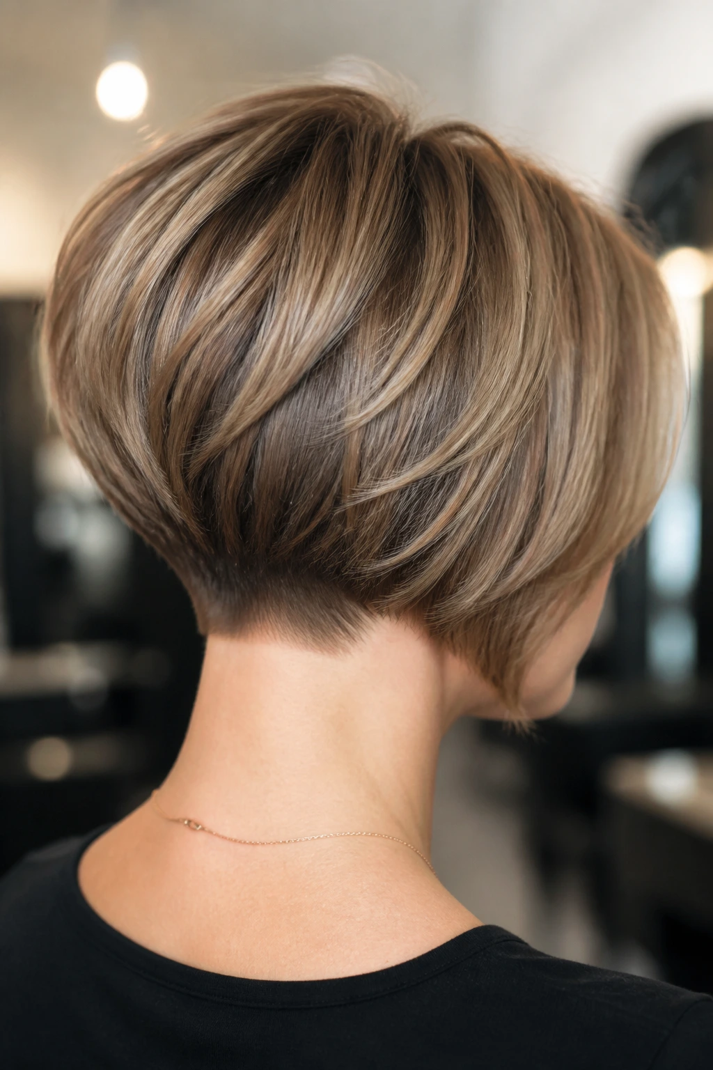 Back-of-head view showing nape, crown lift, and back graduation of a stacked bob on a real person.
