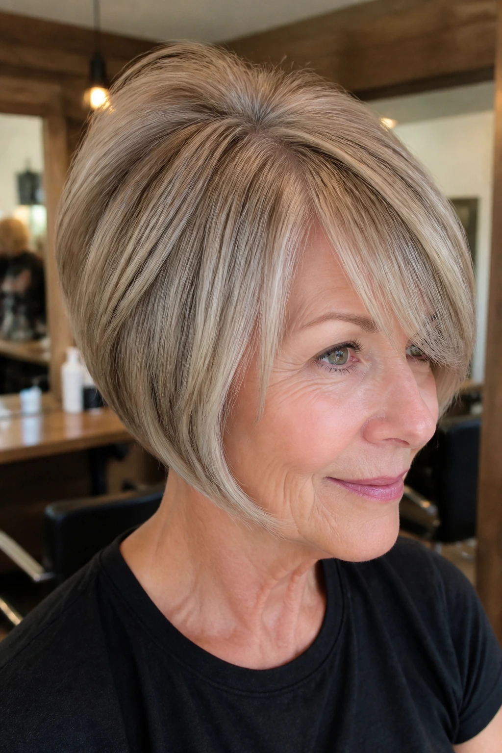 Portrait of a woman with stacked bob and side bangs