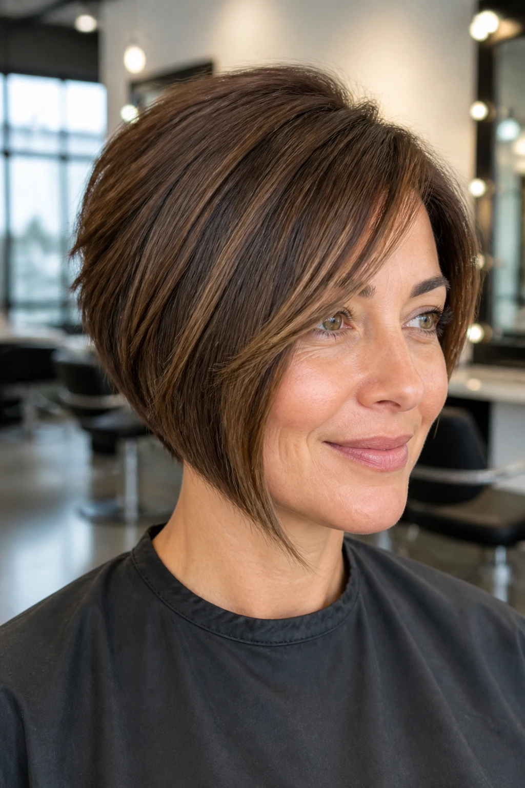 Portrait of a real woman with a stacked bob and side-swept bangs in a modern salon.