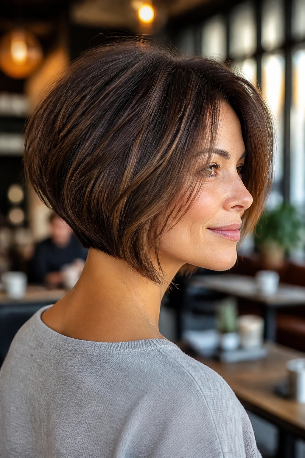Real person with stacked bob and soft graduation visible from back to front