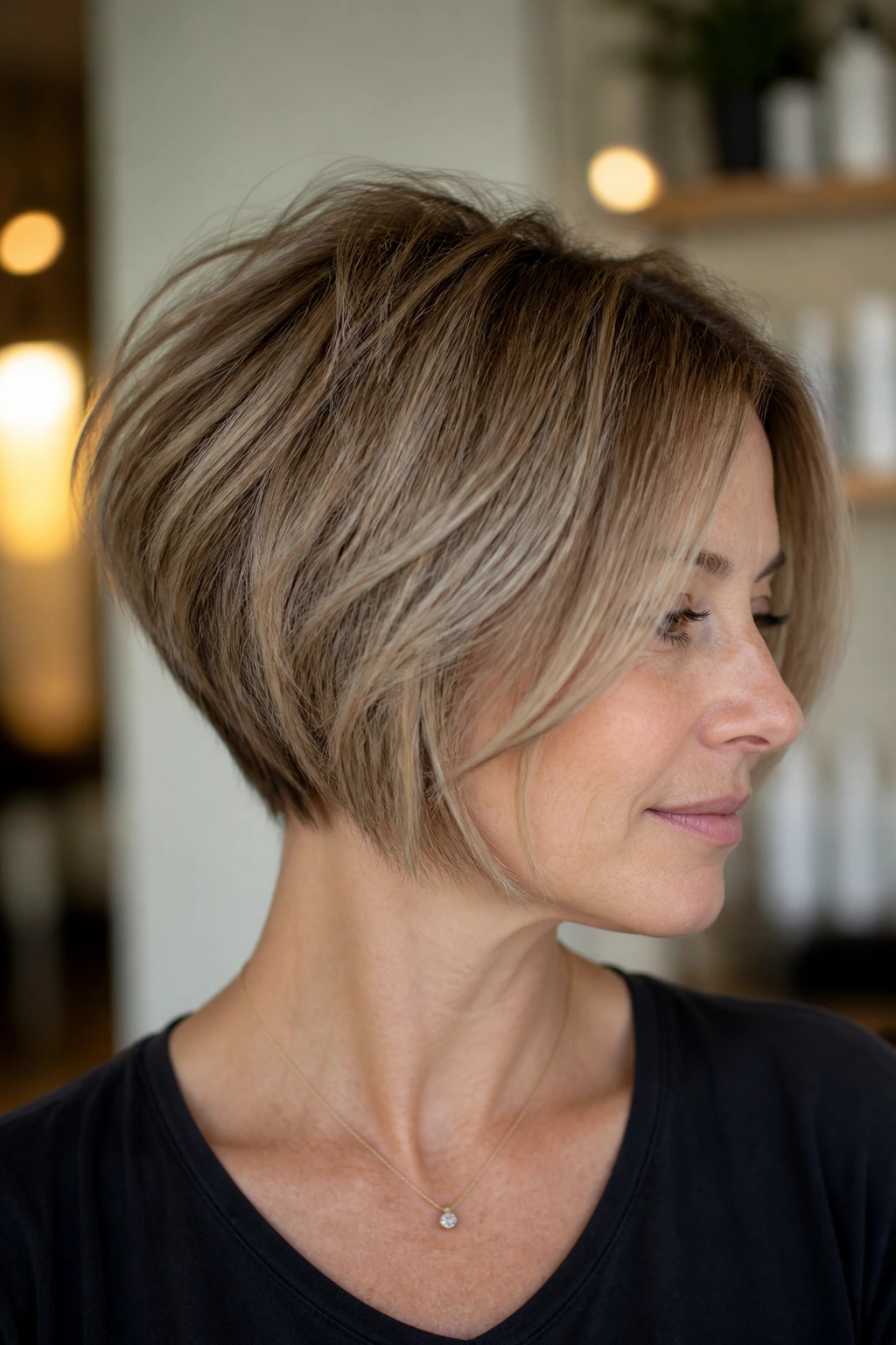 Real person portrait with stacked bob and soft internal lift.