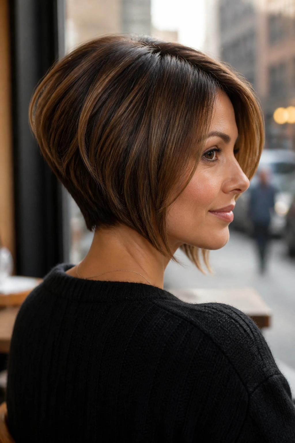 Portrait of a woman with stacked bob and soft nape in daylight