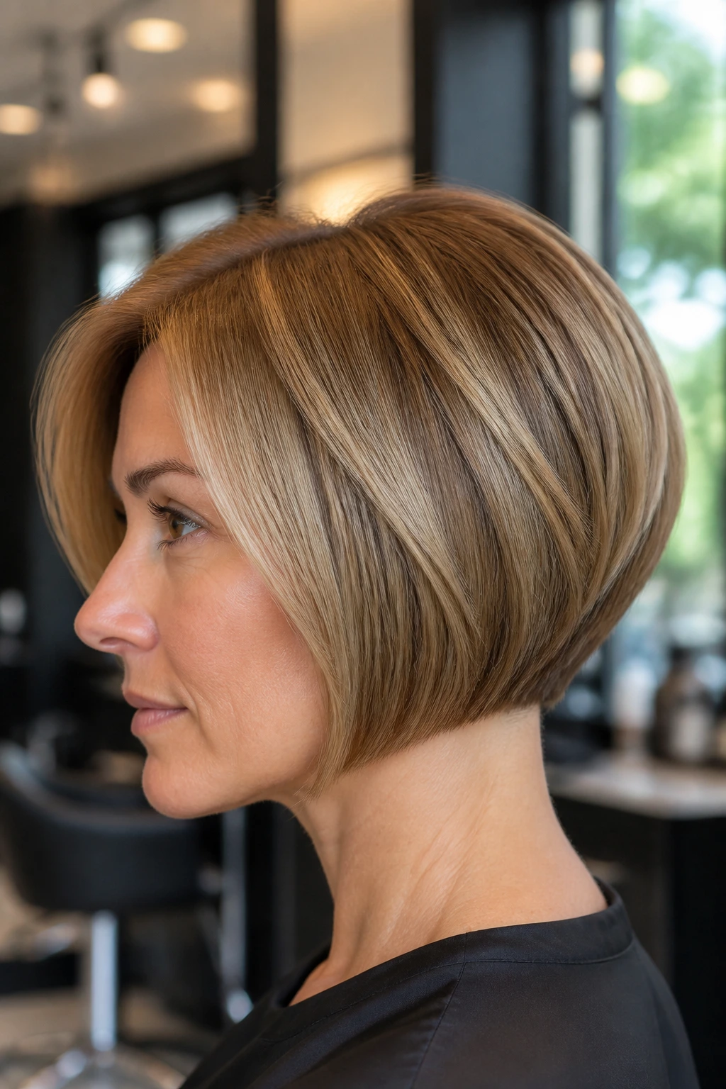 Close-up portrait of a real woman with a straight, stacked bob featuring a smooth nape and lifted crown, under natural window light
