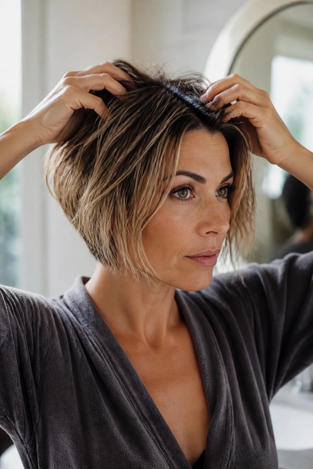 Person styling a stacked bob quickly in a bathroom
