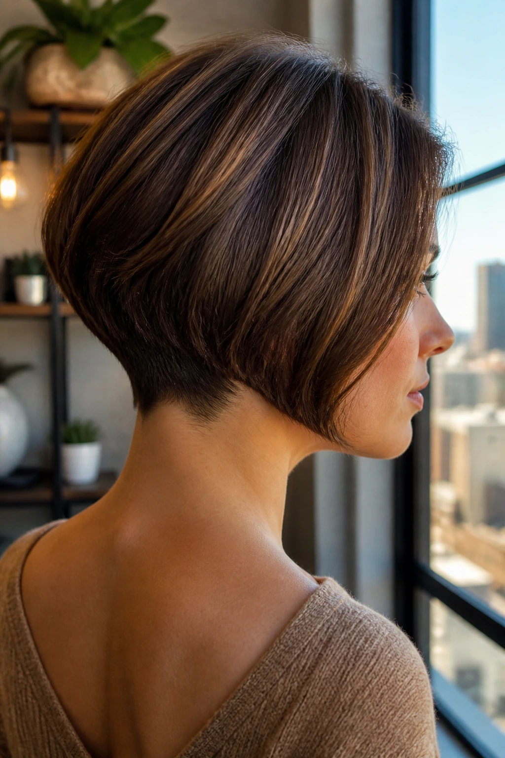 Portrait of a real woman with stacked bob and tapered nape.