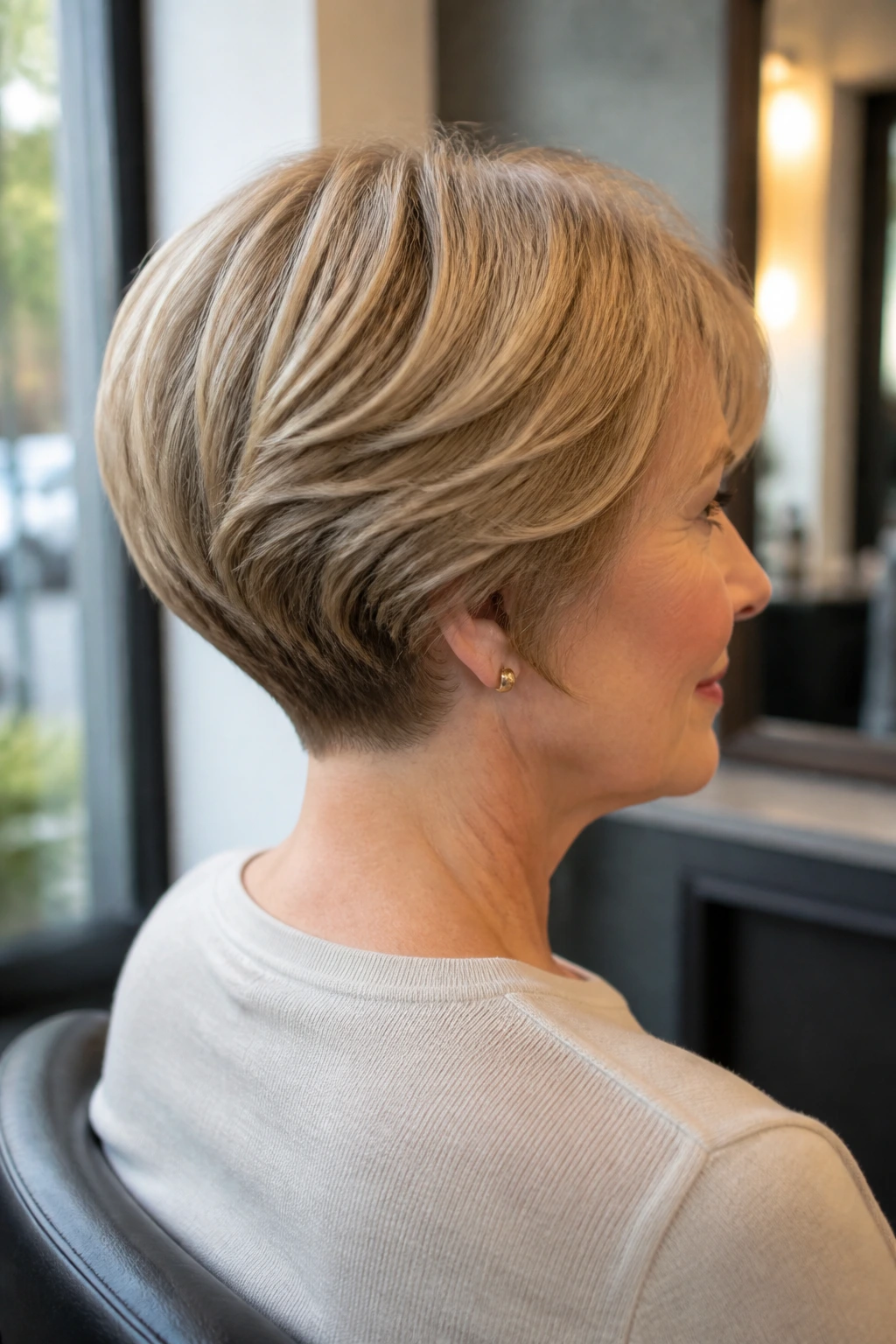Medium close-up of a real woman with stacked bob and tapered nape in a softly lit setting