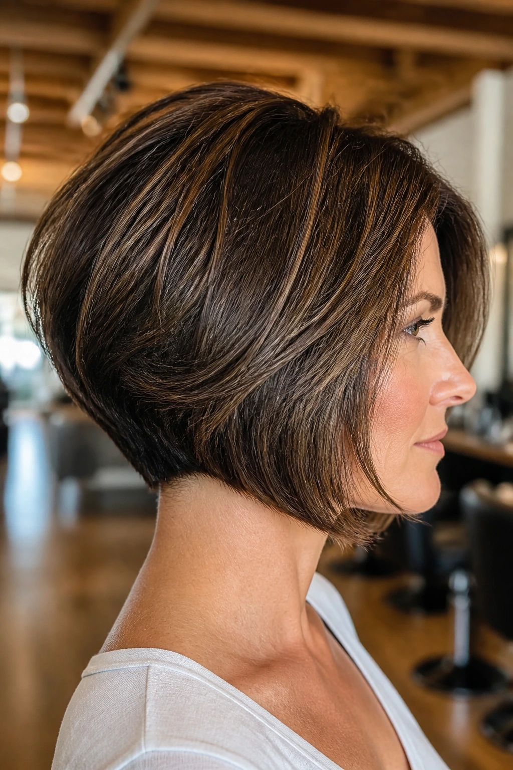 Close-up portrait of a real woman with a thick-haired stacked bob, clean silhouette and controlled volume.