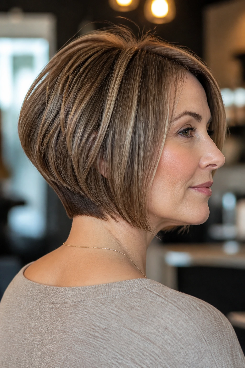 Close-up portrait of a real woman with a stacked bob showing back lift in a warm salon