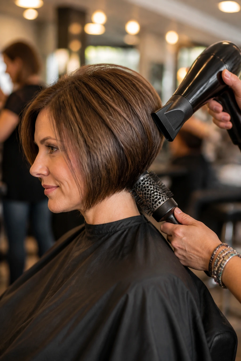 Real person using styling tools on stacked bob in salon
