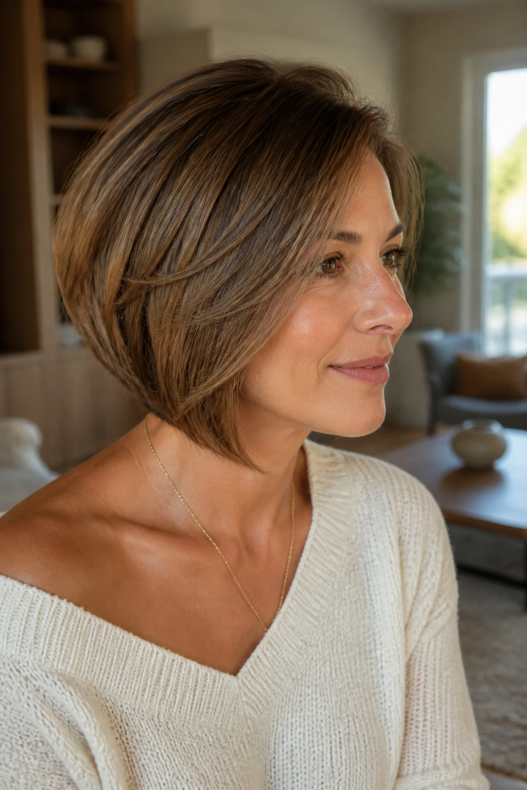 Portrait of a woman with a softer, softly graduated stacked bob showing variation in length.