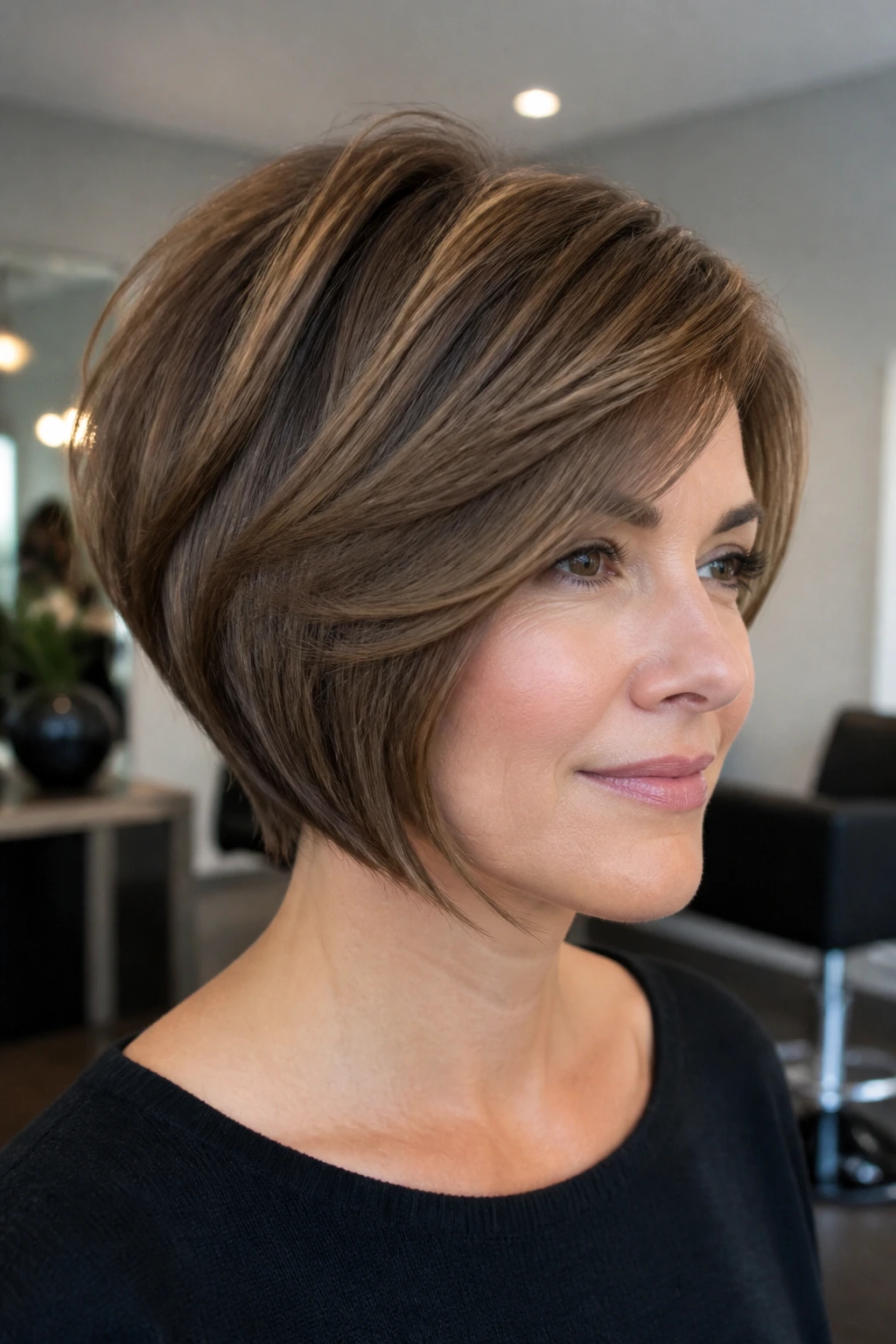 Close-up portrait of a woman with a stacked bob and side-swept volume in a modern salon