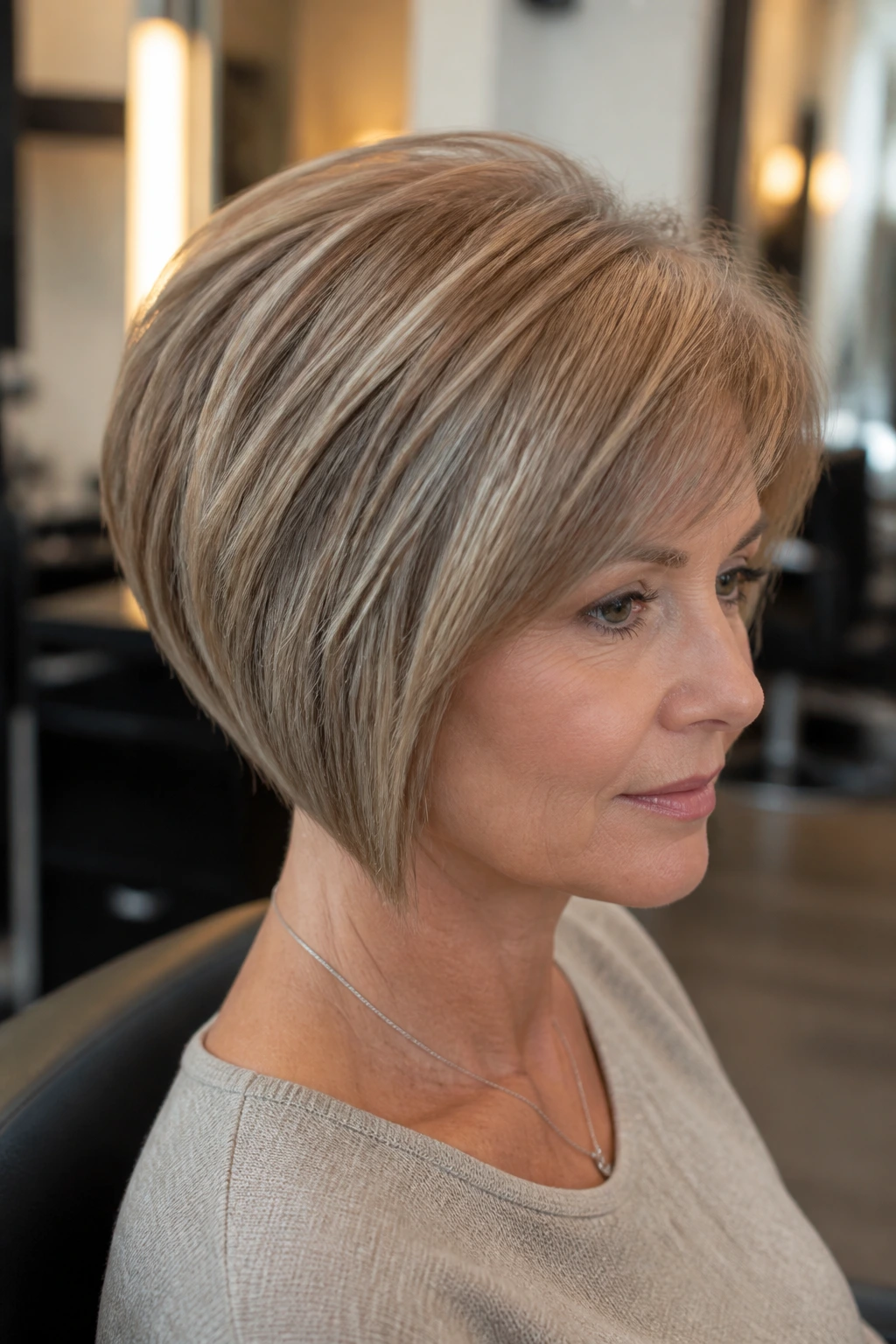 Close-up of a real woman wearing a stacked bob with back crown volume.