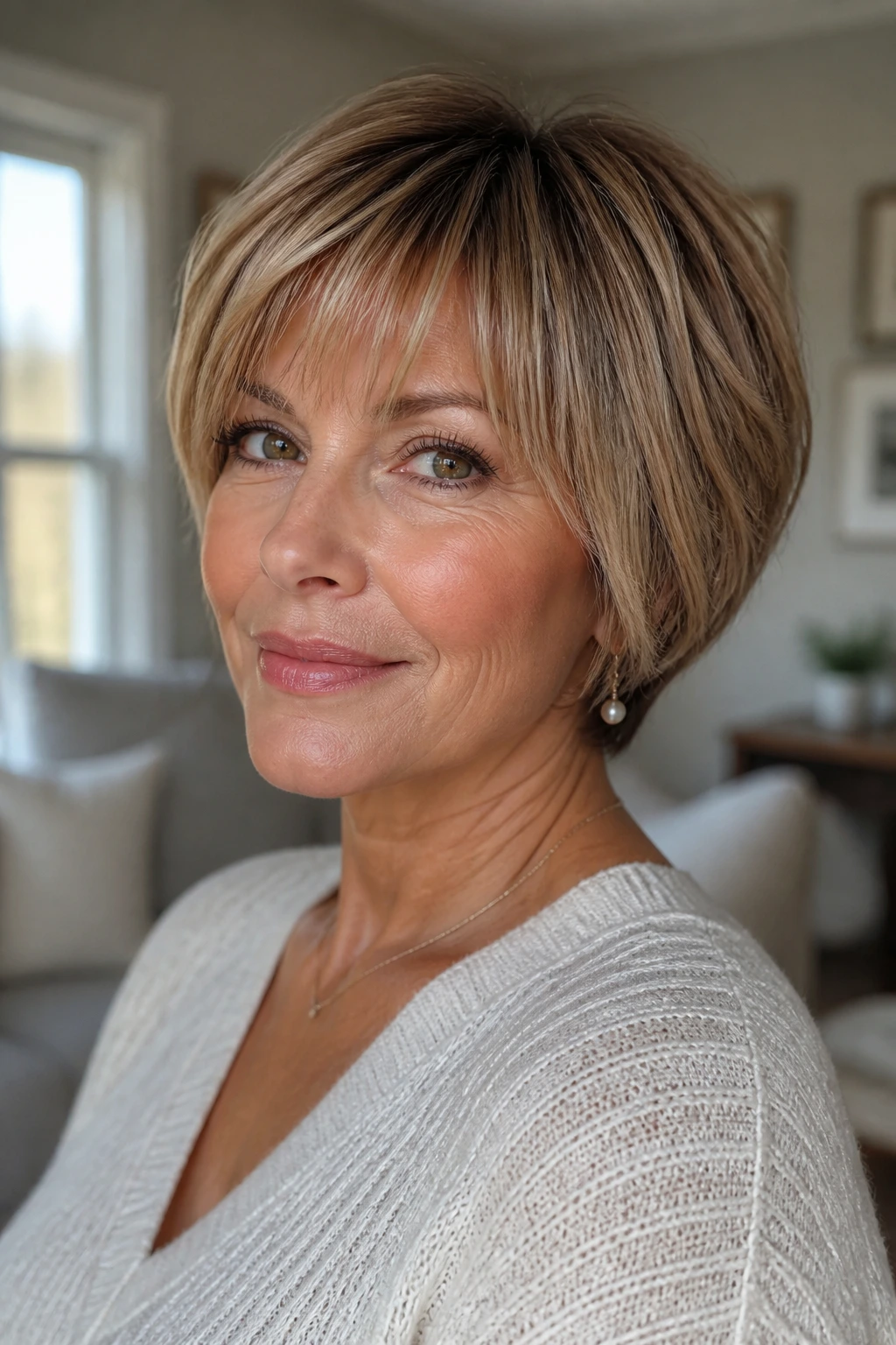 Close-up portrait of a real woman with a stacked bob and wispy bangs in natural window light