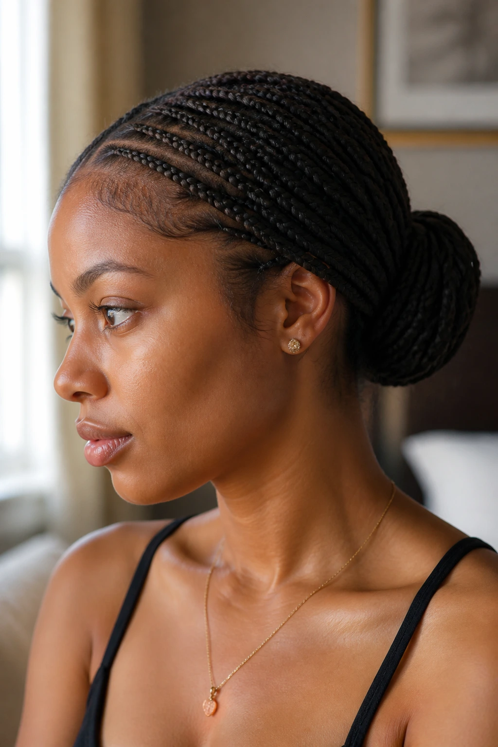 Close-up of stacked mini braids forming a sleek bun on a real person