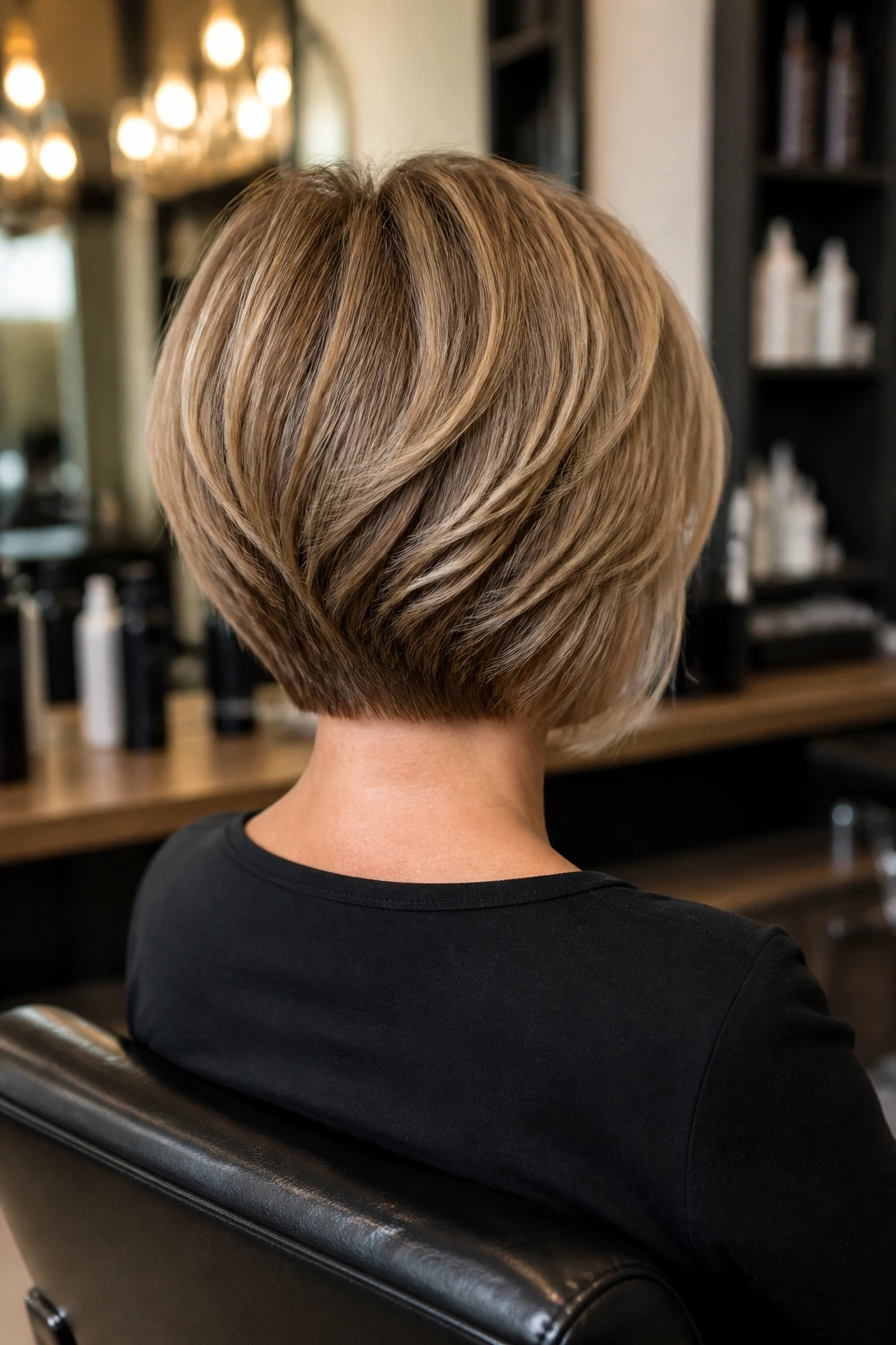 Back view of stacked choppy bob on a real woman in a salon