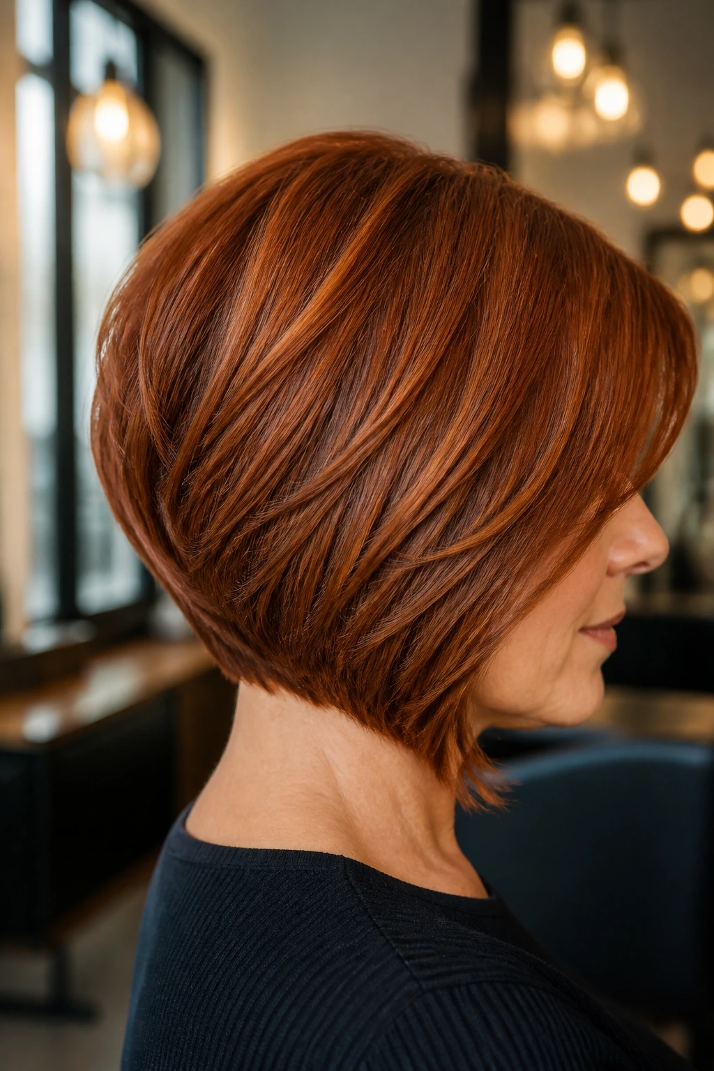 Close-up portrait of a real woman with stacked burnished copper bob in a warm salon setting.