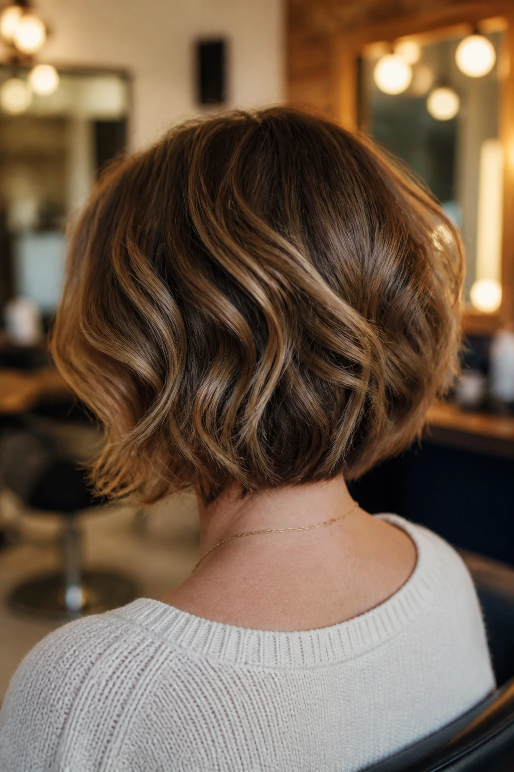 Back view of a real woman with a stacked-crown bob and a quiet crown lift