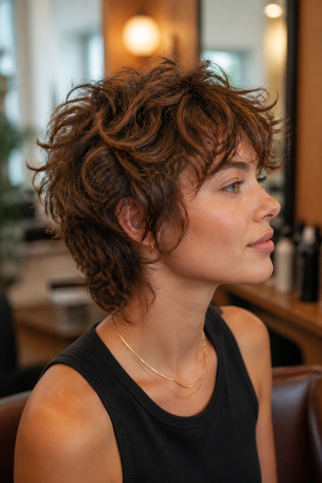 Close-up of a real woman with stacked crown shag in warm salon lighting