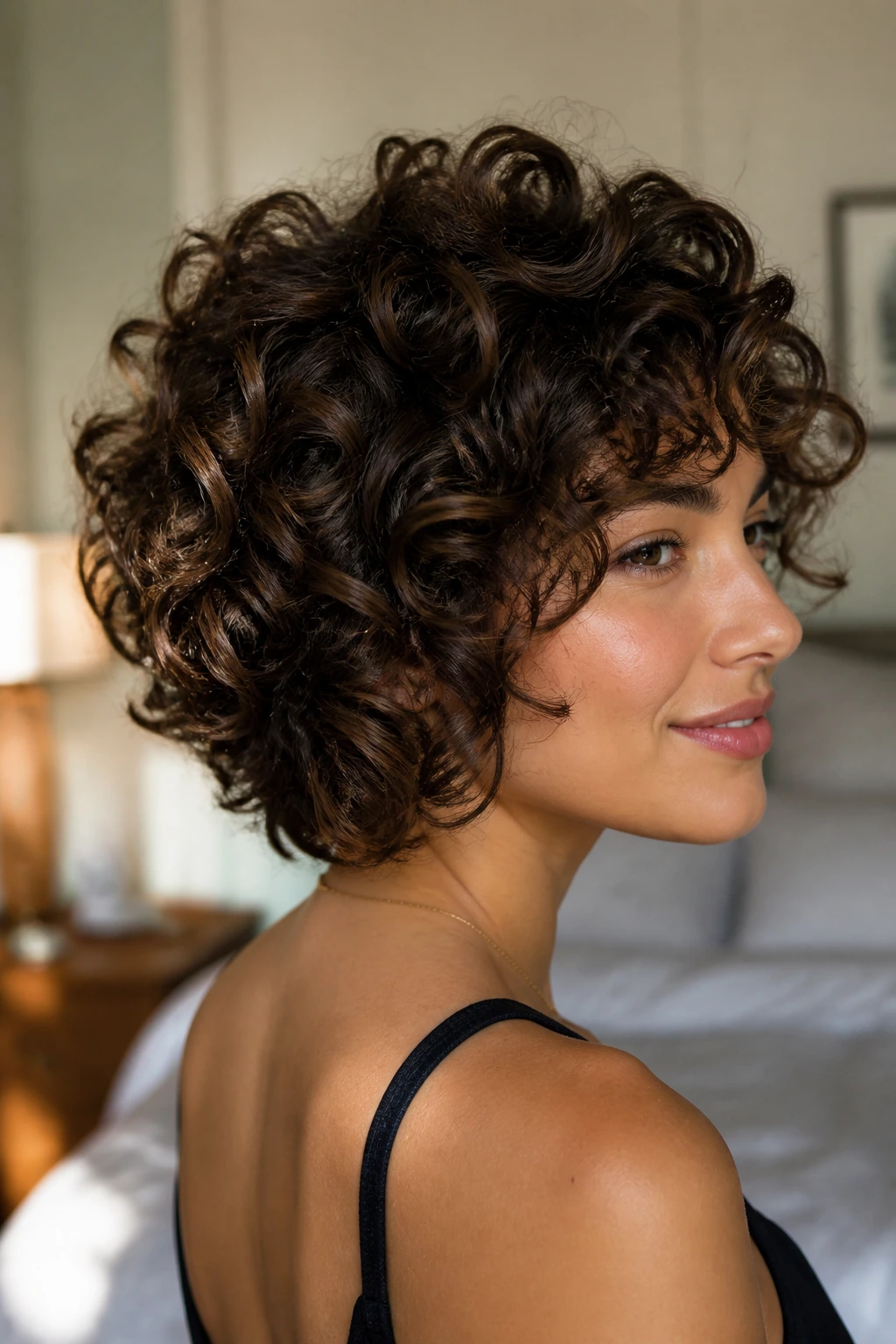 Close-up portrait of a real person with a stacked curly cut, crown lifted, in a cozy bedroom with window light.
