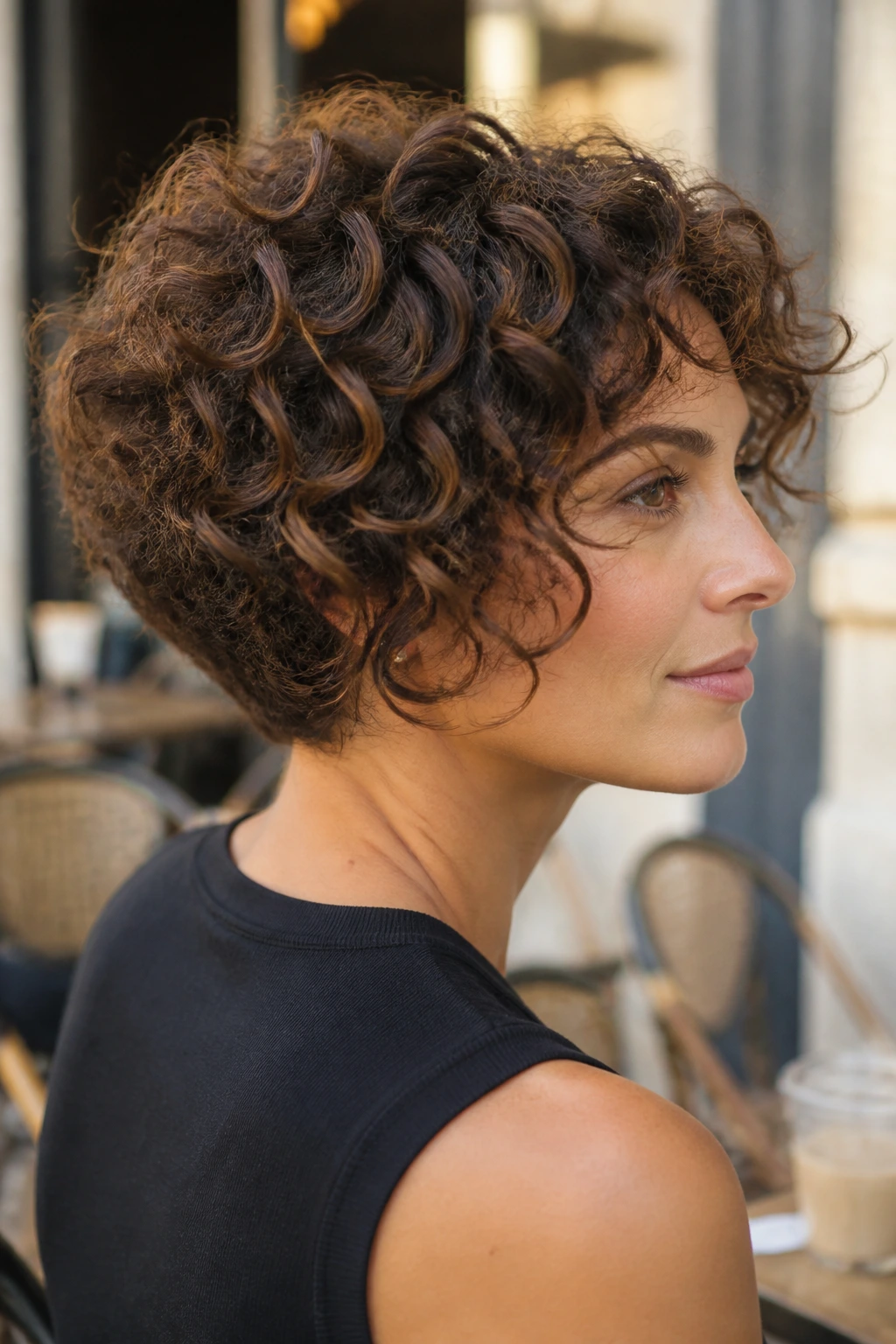 Close-up portrait of a real woman with a stacked curly bob