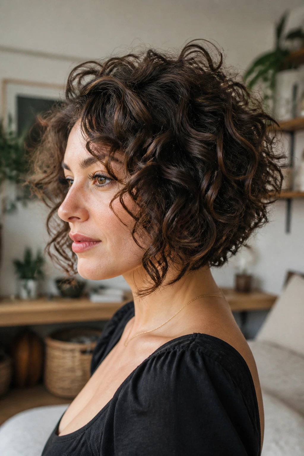 Woman with stacked curly bob showing back volume and front length
