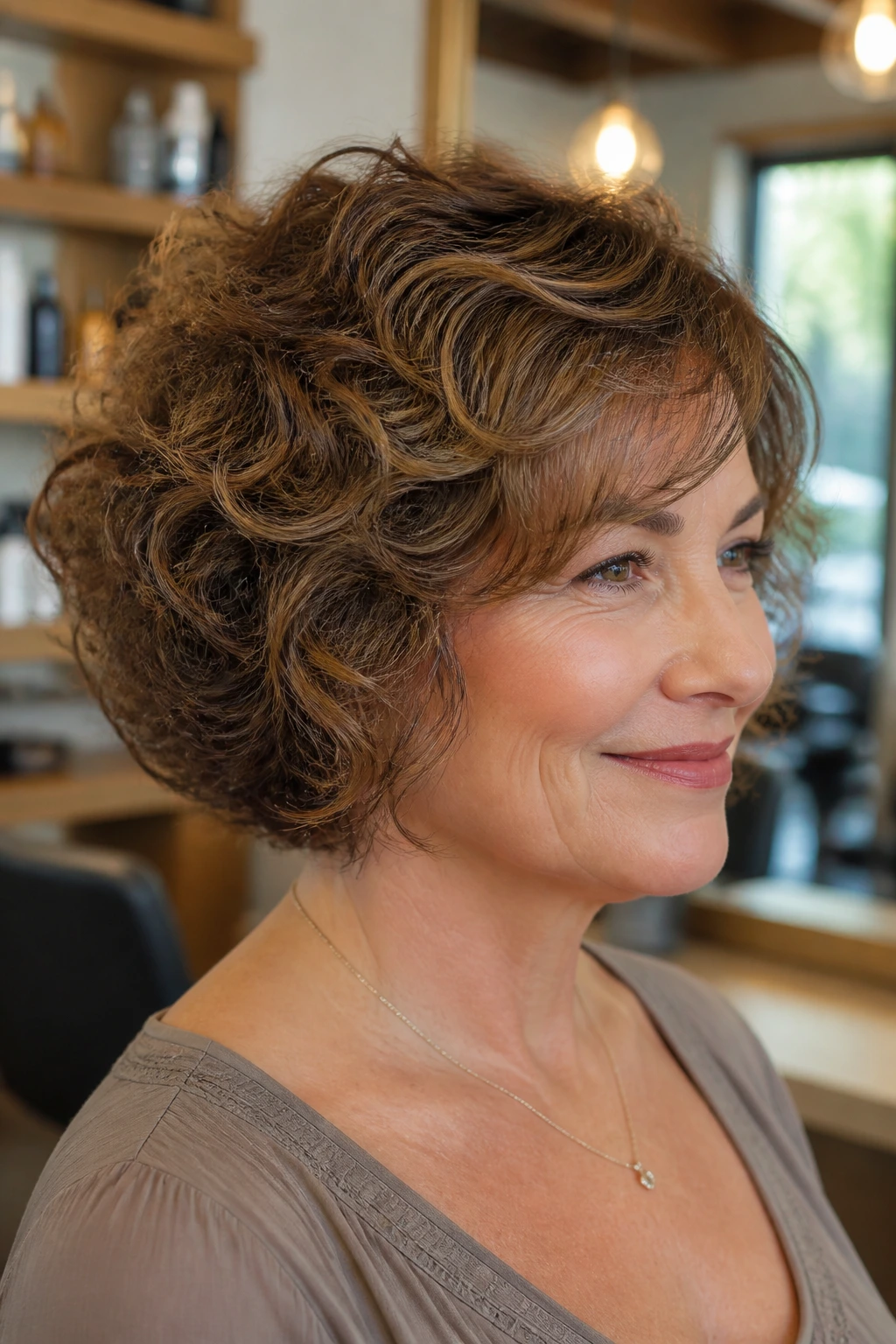 Real woman with stacked curly bob and side-swept bangs in natural light.