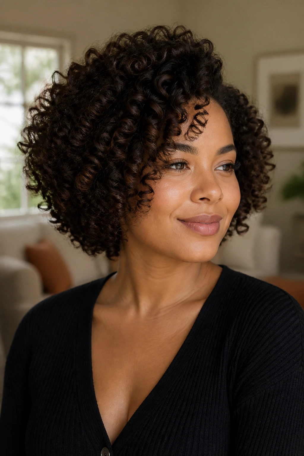 Real person wearing a stacked curly bob with a lifted crown showing subtle back height.