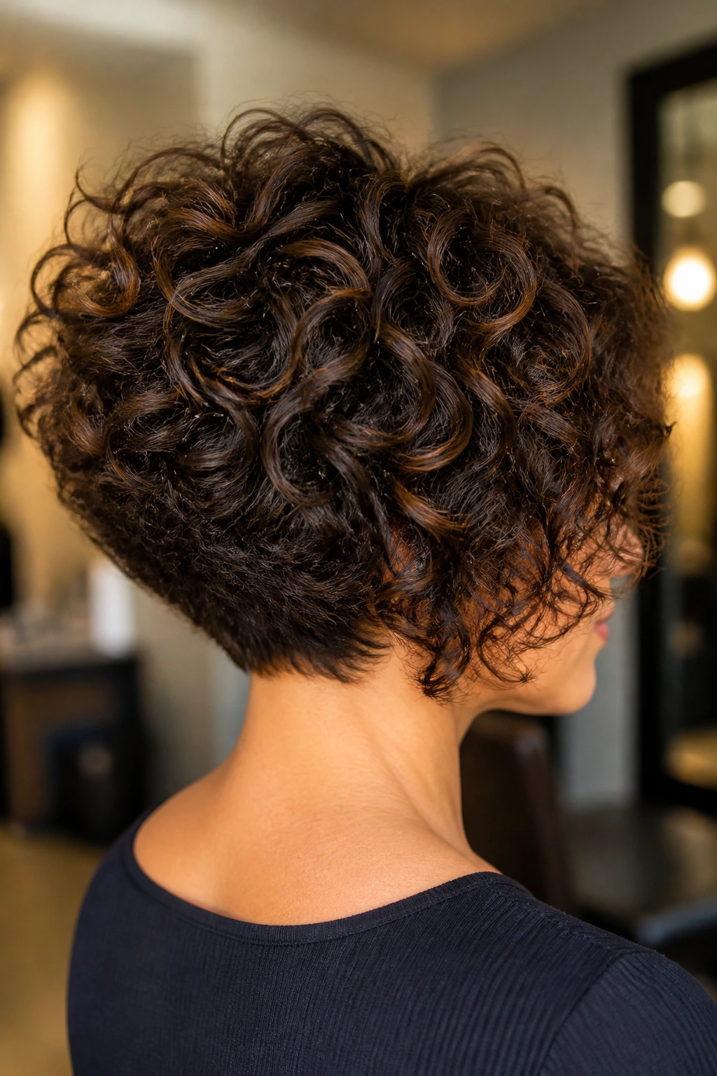 Back and side view of stacked curly bob showing crown lift on a real person