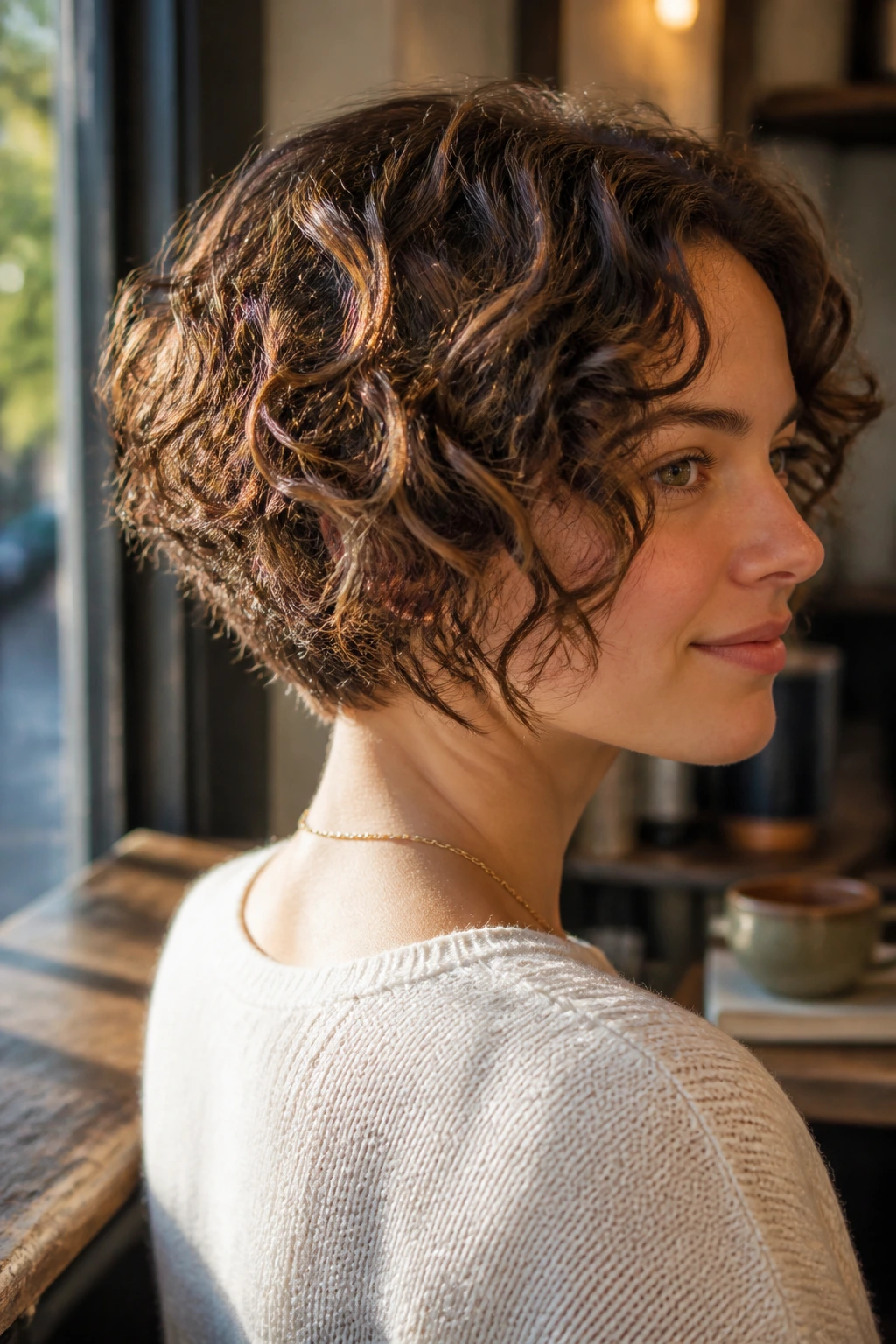 Portrait of real person with stacked curly bob showing back layers and fullness