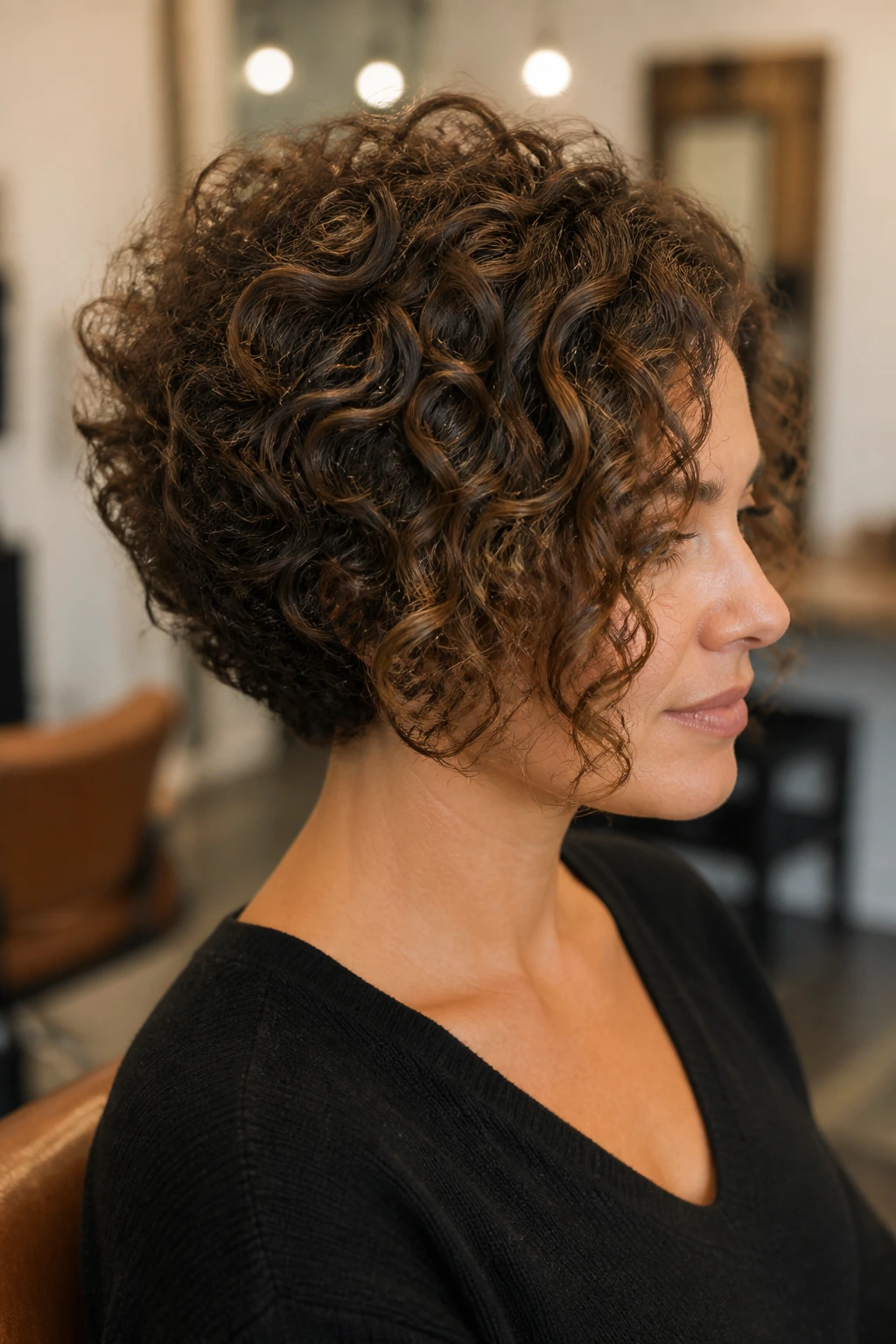 Close-up portrait of a real woman with stacked curly bob showing voluminous crown curls.