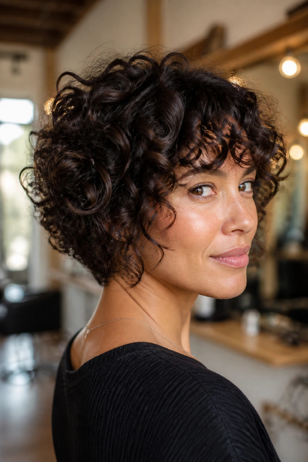 Portrait of a real woman with stacked curly bob showing lift at the back.