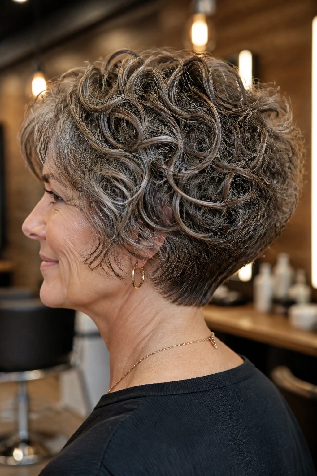 Close-up portrait of a woman with a stacked curly bob showing back lift in a stylish salon.