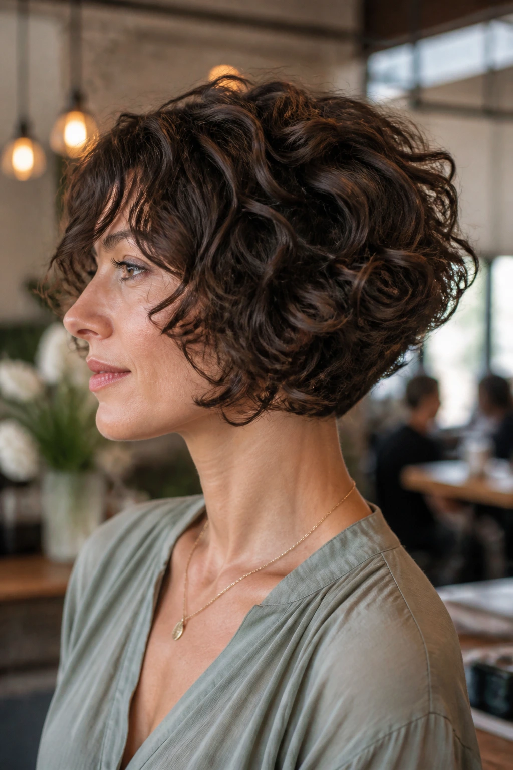Three-quarter profile of a real woman with stacked curly bob and lifted nape
