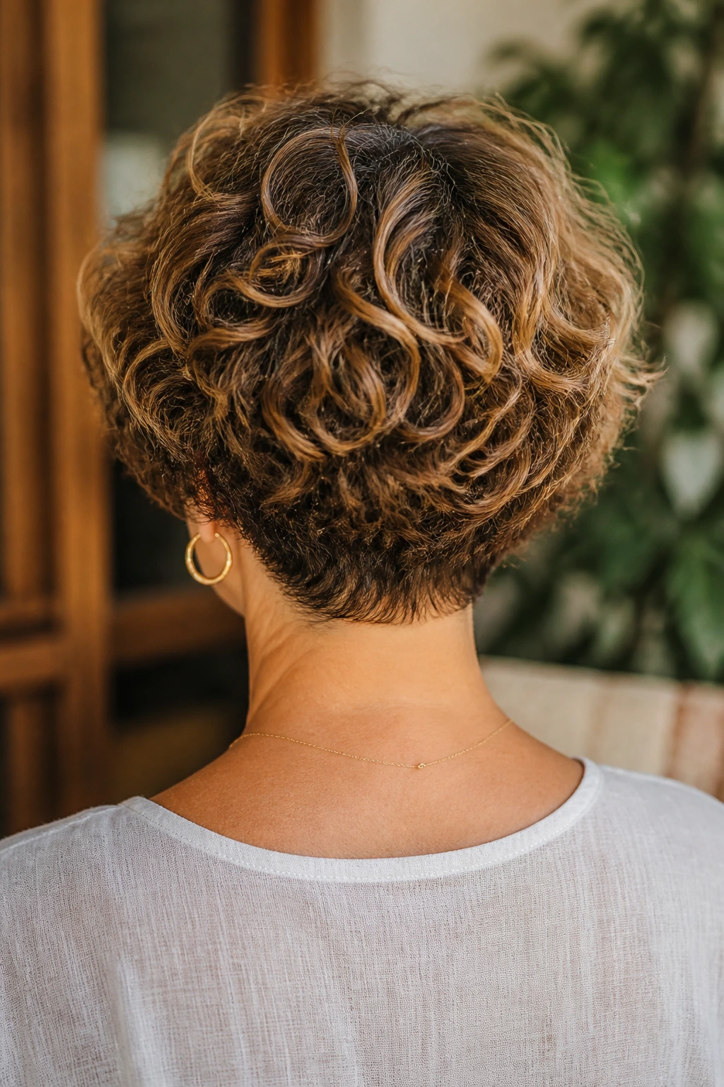 Back view of a real person showing stacked curly bob with lifted nape