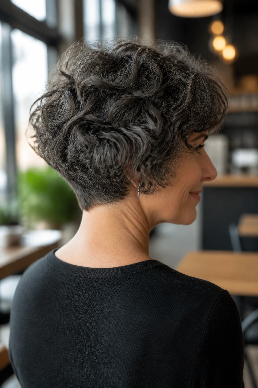 Close-up of a real woman with a soft stacked curly bob and nape lift
